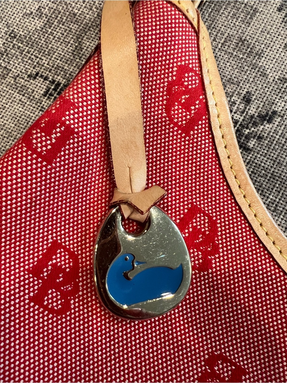 Dooney & Bourke Red Canvas Shoulder Bag with Tan Trim and Blue Duck Charm